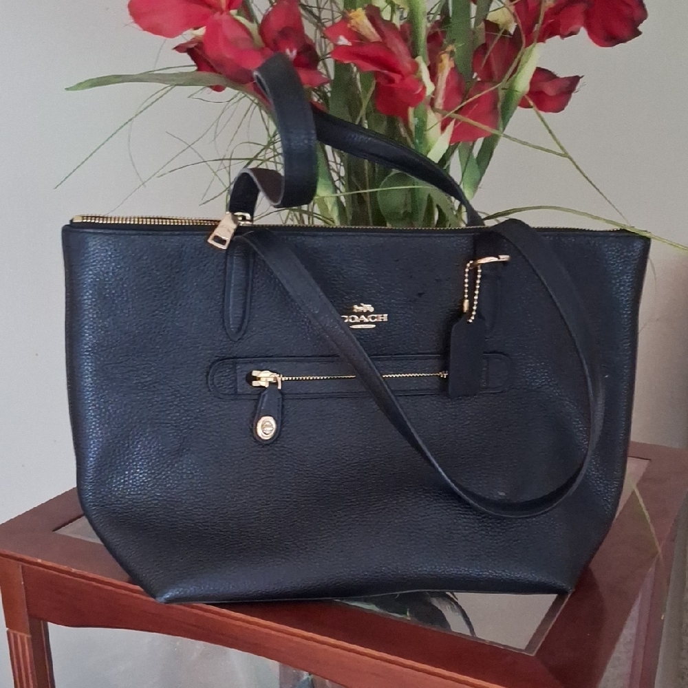 Coach Black Pebbled Leather Tote with Gold Accents